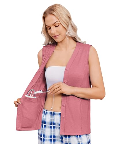 Deyeek Mastectomy Shirts with Drain Pockets Chemo Shirts for Ports Access Women Snap Post Shoulder Surgery Recovery Tank Tops