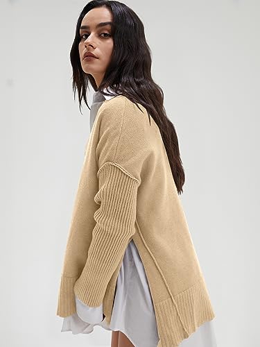 Image of DEEP SELF Women's V Neck Oversized Sweaters Long Batwing Sleeve Split Hem Pullover Asymmetric Loose Casual Knit Tops