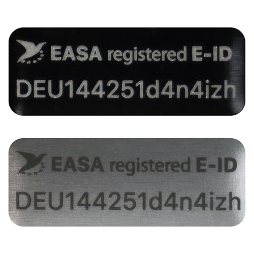 Flying-Drone Drohnen Plakette e-ID Kennzeichen Schild Alu | Design EASA registriert 20×8 e-ID / 20×11mm e-ID + Text | Lasergraviert feuerfest selbstklebend | für DJI Mini & alle Drohnen |