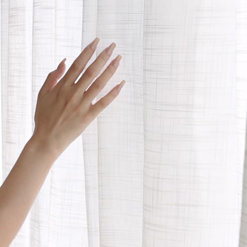 Image of Treatmentex White Sheer Curtains for Living Room 84 inches Long Linen Textured Light Filtering Basic White Semi Sheer Window Curtain Set for Bedroom Office Wrinkle Free 54 inchw 2 Panels Grommet Top