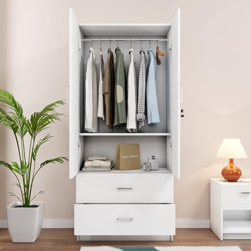 Image of VIKI Wardrobe | Tulum Wardrobe | Wooden Almirah for 2 Door Wardrobe with 2 Drawer & Hanging Space (Frosty White - 40D x 80W x 180.8H) | 1 Year Warranty | Free Assembly
