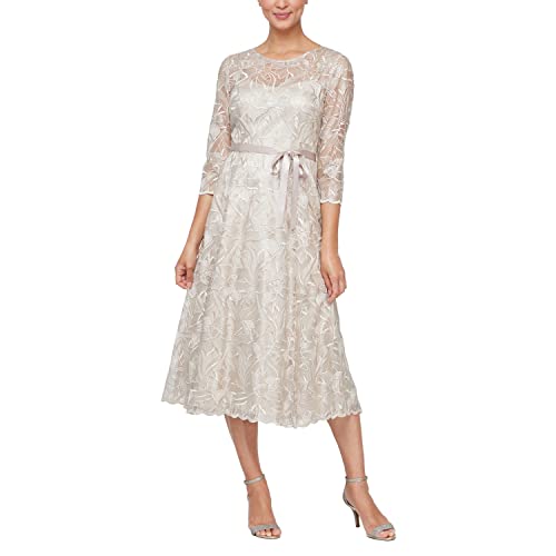 Image of Alex Evenings Womens Tea Length Embroidered Cocktail Dress with Illusion Sleeves, Wedding Guest (Petite and Regular Sizes)