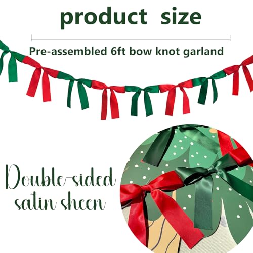 Image of Bow Knot Garland | 6ft Linking Satin Bow Banner with 3ft Extend Ribbon for Coquette Bachelorette Party, Baby Shower,Bridal Shower Wedding Baby Room Bed Decor (Red & Green, 6ft)