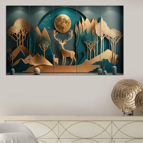 Image of Maxstone Goldan Deer Wall Painting Vastu for Home,Natural Living Room,bedroom,Office Wall Painting Multiple Panals Large Wall Art M1385