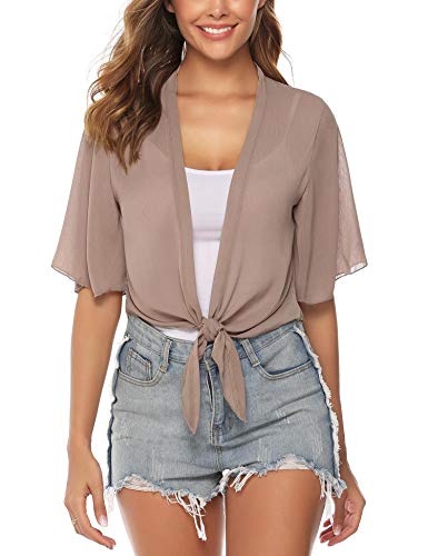 iClosam Women Half Sleeve Tie Front Chiffon Bolero Shrugs Open Front Cardigan (Camel, XX-Large)