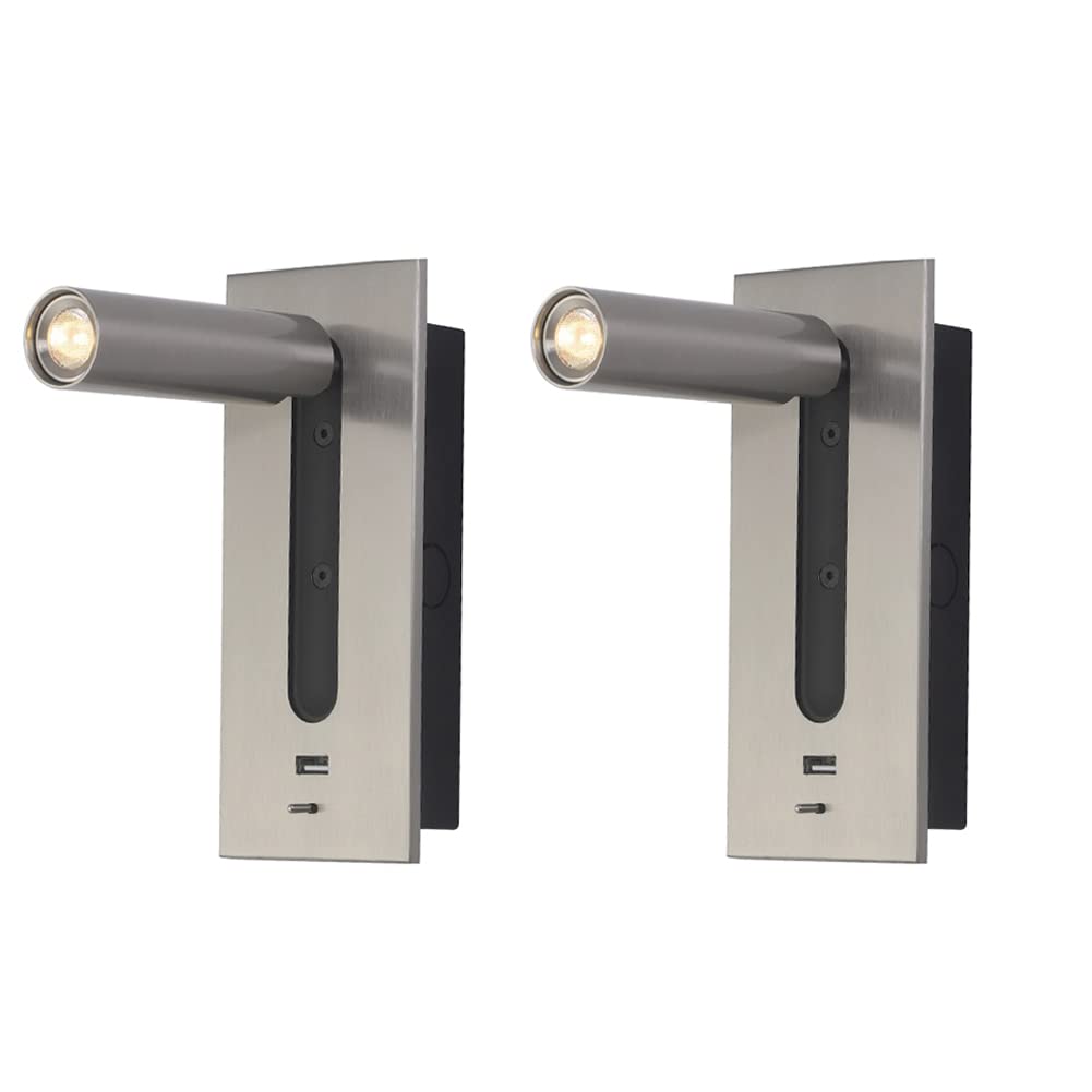 Lámpara LED de lectura de mesita de noche con interruptor, luz de lectura montada en la pared con puerto USB de 5 V 2,1 A, níquel de carga rápida, juego de 2 unidades, 3 W, blanco cálido, 3000 K,