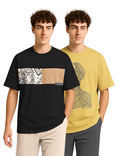 Image of BULLMER Trendy Half Sleeve Oversized Cotton Blend Crew Neck Tshirt for Men - Pack of 2