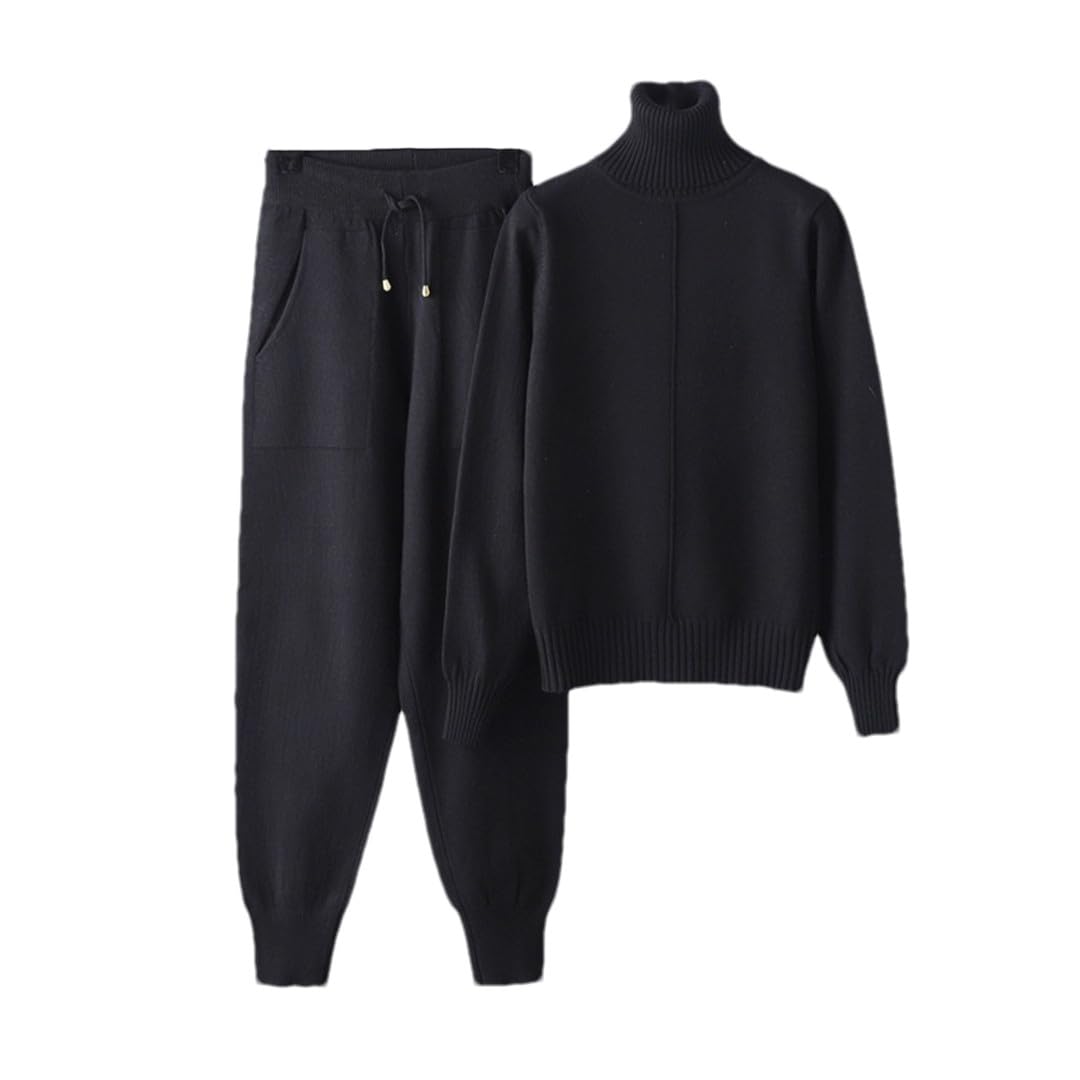 Set of 2 Womens Knitted Activewear Turtleneck Carrot Jogger Pants Pullover Sweater Set Knitted Jacket