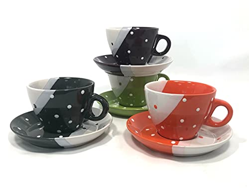 Retsch Arzberg 092098041 Cappuccinotasse mit Untertasse, Feinsteinzeug, gepunktet, 4-teilig (Farbe zufällig, 1 Set)
