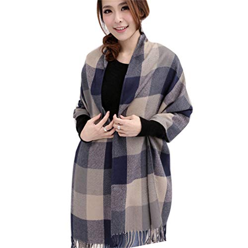Women's Fall Winter Long Fringed Plaid Shawl Big Grid Warm Scarf Lattice Large Scarves (D)