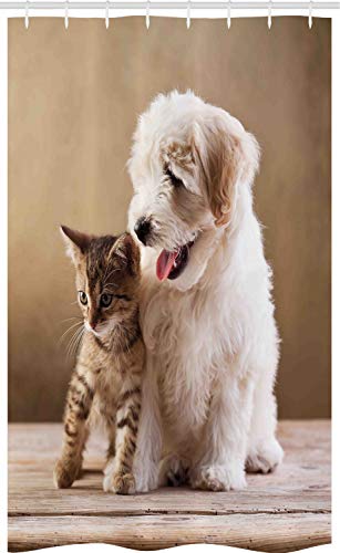 ABAKUHAUS Animal Rideau de Douche Stalle, Chaton et Amis pour Chiens, Ensemble de Salle de Bain en Tissu en Crochets, 120 x 180 cm, Crème de Couleur Coquille d'oeuf Brun Sable et Cacao