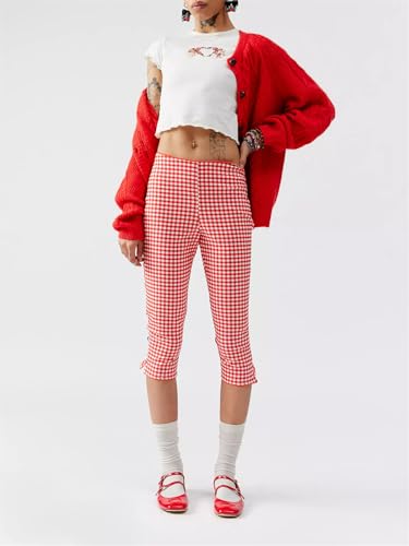 Y2k Capri Pants for Women Trendy Gingham Skinny Cropped Pants High Waist Pull On Capris Trousers Coquette Streetwear2
