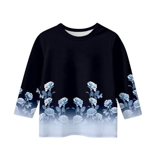 3/4 Length Sleeve Shirts for Girls Round Neck Boho Floral Print Casual Blouses Floral Print Tshirts2