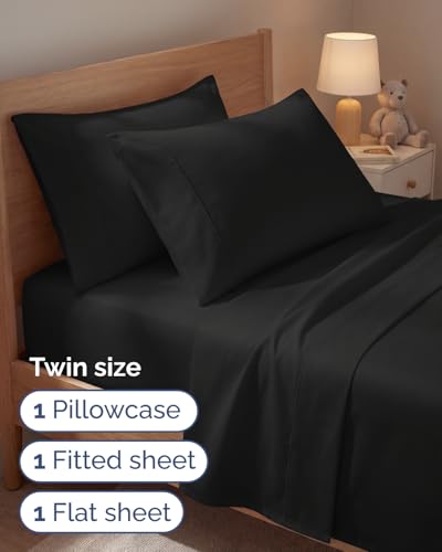 Image of Twin 4 Piece Bed Sheet Set - Comfy, Breathable & Cooling Sheets - Black | Ultra Soft Hotel Luxury Bedding Set with 8-16 Inch Deep Pockets, 1 Flat & 1 Fitted Sheet & 2 Pillowcases, Wrinkle & Fade Free