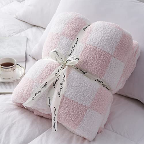 Brichoee Throw Blankets Checkered Reversible Microfiber Blankets, Super Soft Warm Cozy Fluffy Blankets For Couch Bed Sofa Camping Travel (Pink, 51"X63") #TOP5