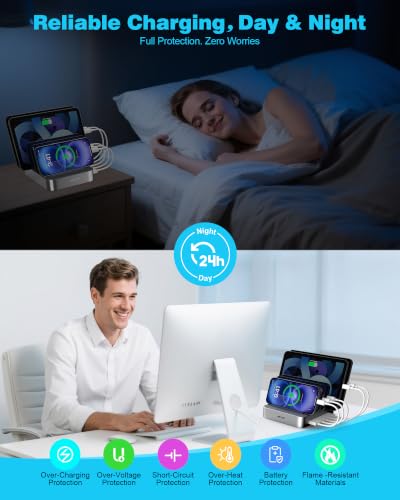 Image of MSTJRY Charging Station for Multiple Devices : 5 Port Multi USB-A Charger Stations Multi-Device Organizer Charging Dock Designed for iPhone iPad Cell Phone Tablets (7 Short Cables Included), Silver