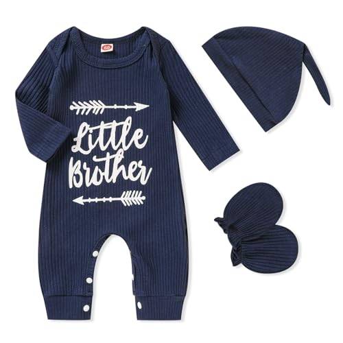 Image of GRNSHTS Newborn Baby Boy Romper Coming Home Outfits Letter Print Bodysuit Jumpsuit+Hat+Gloves 3PCS Clothes Set