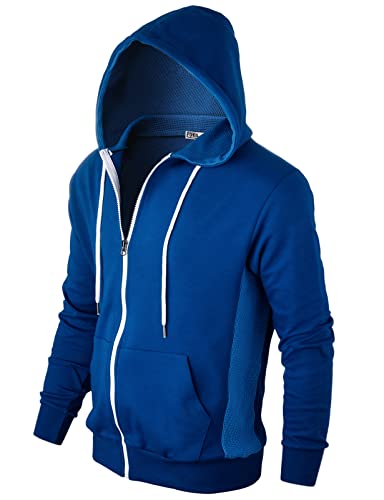 Mens Slim Fit Long Sleeve Lightweight Zip-up Hoodie Mixed Waffle Knit with Kangaroo Pocket