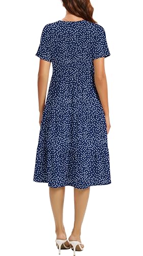 Image of Womens Summer Short Sleeve Crew Neck Midi Dress 2026 Casual Fit Flowy Tiered Beach Vacation Sundress with Pockets