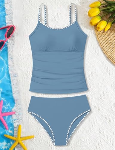 Image of Girls Swimsuit Solid Color Tankini Contrast Trim Swimwear 2 Piece Bathing Suit Padded Swimsuits for Teens 9-16Y