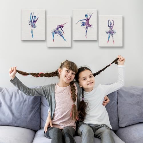 Image of Watercolor Ballet Prints Ballerina Dancer Elegant Dance Gifts for Girls Birthday Canvas Wall Art Dancing Girls Room Decor Women Bedroom Wall Decor Colorful Classroom Posters,4PCS,Framed,8x10IN