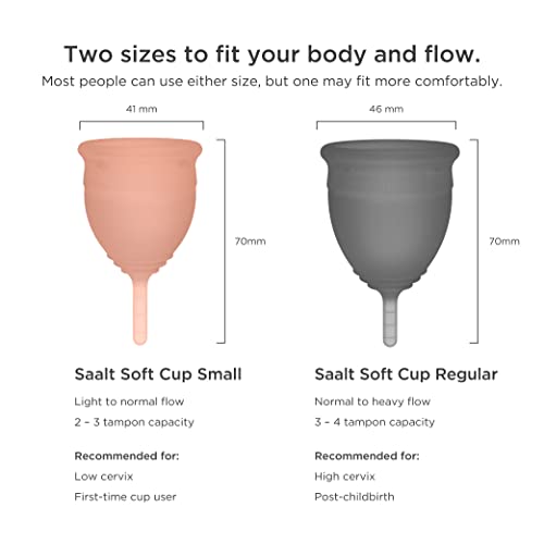 Saalt Soft Menstrual Cup – Reusable Period Cup – Made for Comfortable, Leak-Free Protection Up to 12 Hours – BPA & Latex Free – Includes Cup & Carry Bag (Regular Grey/Small Desert Blush)