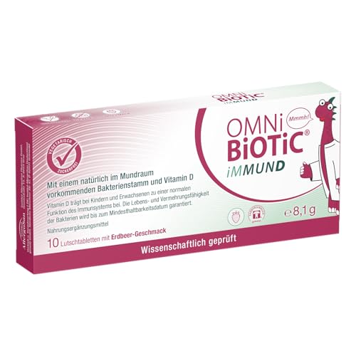 OMNi BiOTiC iMMUND | 10 Lutschtabletten | 1 Bakterienstamm | 1 Mrd Keime pro Lutschtablette | Mit Vitamin D | Vegetarisch | Zuckerfrei | Zur täglichen Anwendung | Auch für Kinder | Erdbeergeschmack