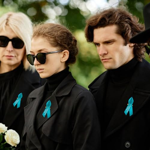 CRAFFANCY WANDIC 100pcs Teal Ribbon Pins Ovarian Cancer Awareness Badges Cervical Cancer Brooch Memorial Ribbon Badges in Forever in Our Hearts for Funeral Mourning Event Bereavement Remembrance - Image 4