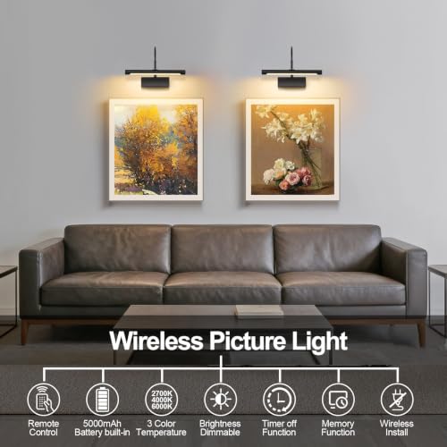Image of LED Wireless Picture Light with Remote Control,USB Rechargeable Battery Powered Art Lamps,Dimmable,270 Rotate,Timing,12 Inch Black Wall Lights for Paintings (Black, 12inch)