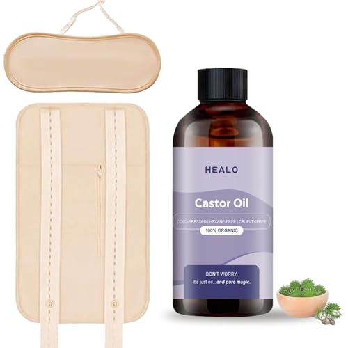 Healo Castor Oil Pack Wrap, Healo Castor Oil Pack Wrap Kit, 𝐎𝐫𝐠𝐚𝐧𝐢𝐜 𝐂𝐚𝐬𝐭𝐨𝐫 𝐎𝐢𝐥 for Stomach, Neck & Entire Body, Adjustable Elastic Straps, Reusable & Anti Oils Leak, 3.38 oz (A)