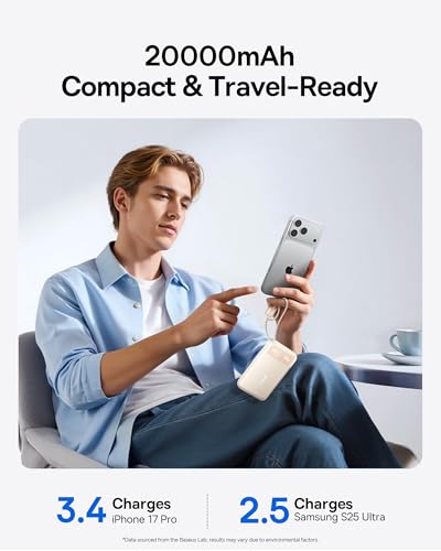 Image of Baseus 20000mAh Compact Portable Charger 45W, CCC Certified Power Bank Built-in USB-C Cables, Travel Essential PD Fast Charging Battery Pack for iPhone 17 /16 Series Galaxy S25 /S24 Ultra Google iPad