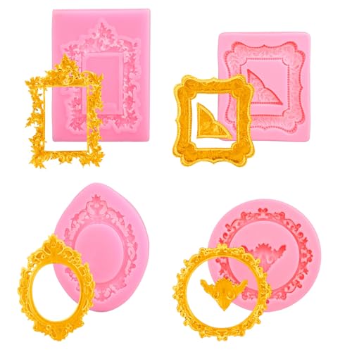 lasuroa 4uds Moldes Silicona con Marco Rosa para Chocolate, Mini Molde Arcilla de Secado al Aire Moldes Fotos para Decorar Pasteles Cupcakes Adornos de Chocolate y Dulces (4 Estilos)