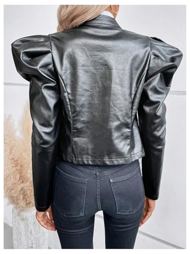 MakeMeChic Women's Open Front Gigot Long Sleeve Leather Jacket Button Decor Blazer Jackets2