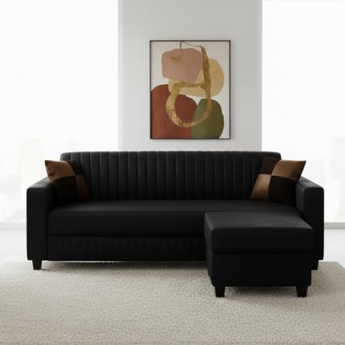 Image of FURNY Gracina 4 Seater L Shape Sofa Set with Movable Ottoman | Flexible Left or Right Layout | Premium Leatherette Upholstery (Black) | Perfect for Living Room, Guest Room & Office