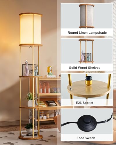 Image of Lightdot 61 inch Floor Lamp with Shelves, Modern Gold Floor Lamp with Fabric Shade and 3- Tier Solid Wood Table Attached, Corner Bookshelf Lamps with 3000K Bulb Included for Sofa Beside /Corner Decor
