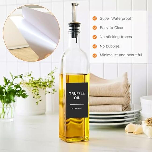 50 Oil and Vinegar Labels for Bottles,Preprinted Condiments Label Stickers for Organizing Oil Dispenser Bottles, Black Matte Minimalist Oil Jar Labels