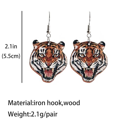 Handmade Exaggerated Tiger Dinosaur Cheetah Wolf Double Sided Animal Pattern Funny Lightweight Wooden Drop Dangle Earrings Personality Jewelry for Women2