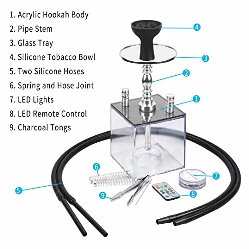Hookah, Hookah Set, Micro Modern Cube Acrylic Hookah 2 Hose With Silicone Hookah Bowl Leather Hose Coal Tongs Aluminum Stem With Diffuser Magical Remote Led Light For Better Shisha Hookah Smoking #TOP2