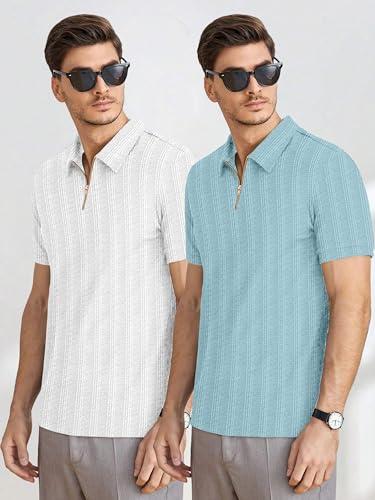 Image of MiraMichi Men's Polycotton Short Sleeve Casual Polo Collar T-Shirt - Lightweight Breathable Classic Polo for Everyday Comfort & Style