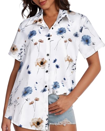 Image of Women Hawaiian Shirt Button Down Summer Tops Beach Short Sleeve Blouse