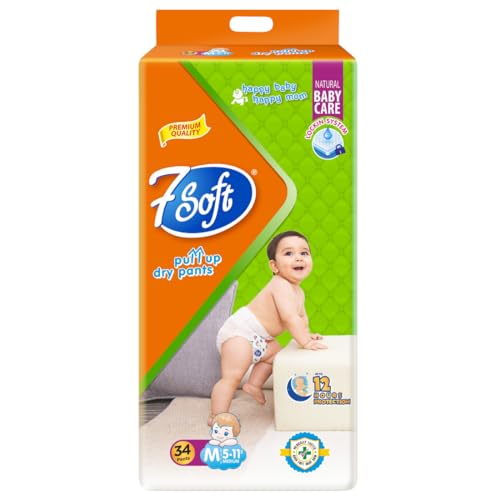 Image of 7 Soft Baby Pull Up Diaper Pants Medium (M, 5-11 kg) | Up to 12 Hours Protection | Leak Lock System | Soft & Breathable | 34 Count