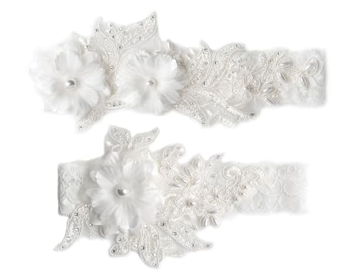 Handmade Wedding Garter Set - White Lace Bridal Pearls & Rhinestones, Floral Leaf Embroidery, Keepsake Toss, Plus Size Available, Elegant Lingerie Accessory, Gift for Her