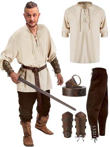 Jiuguva 4 Pcs Halloween Men's Renaissance Costume Set Medieval Pirate Shirt Ankle Banded Pants Viking Belt Accessories (Vintage Color,Large)