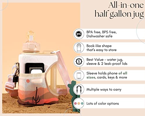 H2O Capsule Cube - 2.2L Half Gallon Water Bottle With Storage Sleeve, Covered Straw And Chug Lid – Bpa Free Reusable Sports Jug With Handle, 2.2 Liter (74 Ounce), Desert Sunset #TOP2