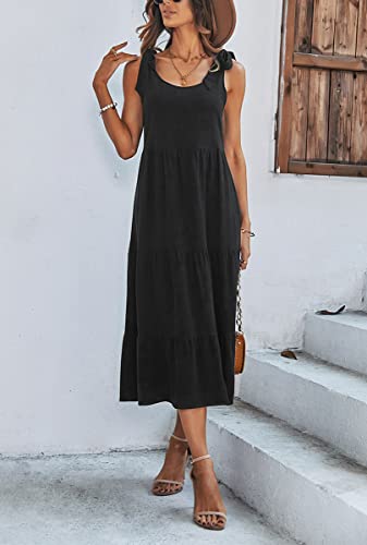 Image of chouyatou Women's Summer Adjustable Spaghetti Strap Solid Ruffle Swing Midi Dress