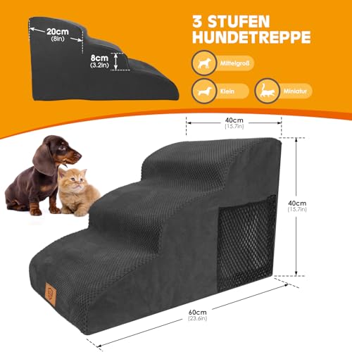 Thihome Hundetreppe für Kleine Hunde, Haustiertreppe 3 Stufen, Hochdichtem Schwamm Hundetreppen 40cm Hoch, Hunde Treppe mit Waschbarem Bezug, Rutschfestem Hunderampe für Bett & Sofa, Schwarz