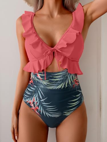 Image of Eomenie One Piece Swimsuit for Women Tummy Control Ruffle Bathing Suit V Neck Ruched Swim Suit Slimming Cutout Swimwear