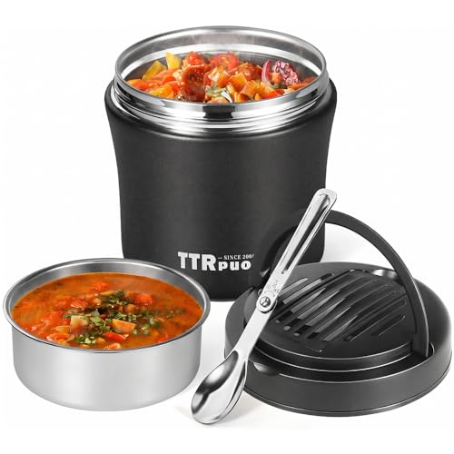 40oz Insulated Lunch Thermos for Adults, Stainless Steel Hot Food Jar for Work, Leakproof Wide Mouth Soup Container with Folding Spoon (BLACK)