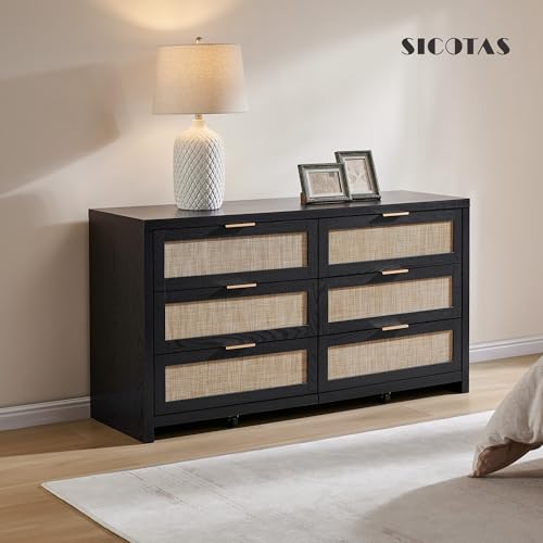 Image of SICOTAS Rattan Dresser for Bedroom, 57 inch Wide 6 Drawer Dresser with Ample Storage, Wooden Dressers Large Chest of Drawers, Closet, Boho TV Stand for Bedroom (Black Oak, 1 Piece)