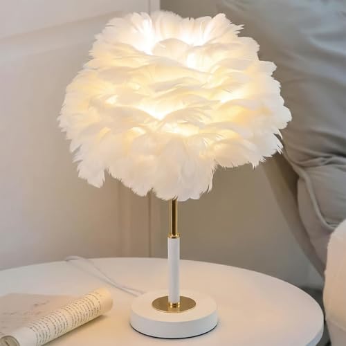 Norvi Feather Table Lamp Decorative Feather Lamp with Soft Warm Glow Modern Accent Table Lamp for Bedroom Nightstand Living Room Desk Vanity & Home Dcor White and Gold